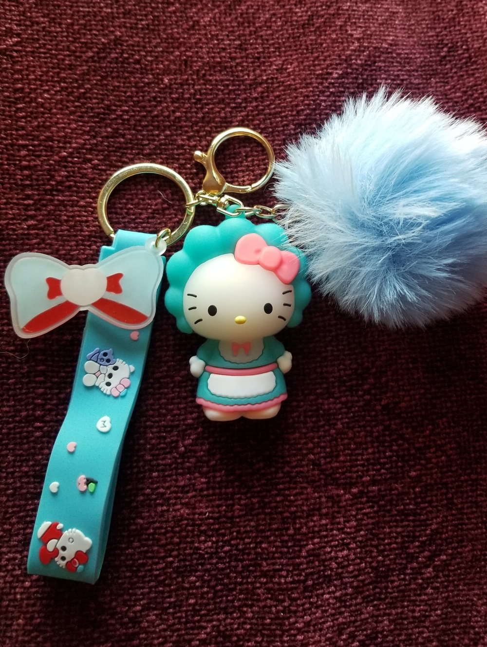 Cute Blue and Pink Kitty Pom-Pom Keychain Charm